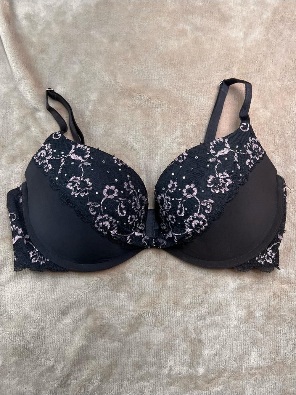 34D | Victoria's Secret Black and Pink Lace Padded Demi Push-Up Bra w Crystals